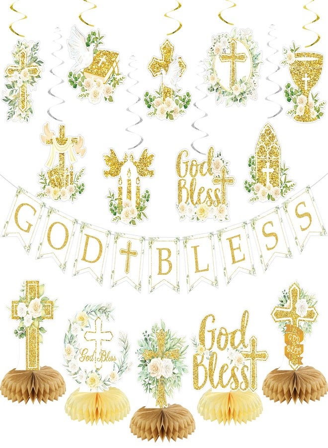 LANGASQUE Gold Baptism Decorations, Glitter God Bless Banner Hanging Swirls Honeycomb Centerpieces for Baby Shower Birthday First Communion, Baptism Party Supplies - Image 1